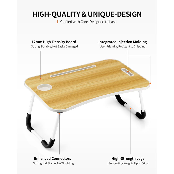 Складаний столик для ноутбука, портативний столик на колінах, приліжковий столик, підставка для ноутбука з тримачем для напоїв та слотом для планшета (Рожевий, Дерево)
