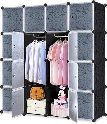NAIZY Wardrobe Black DIY Plastic Shelf System Closet Organizer, Plug-in Shelf System with Door, Plastic Closet (16 Cubes, with 2 Clothes Rods)