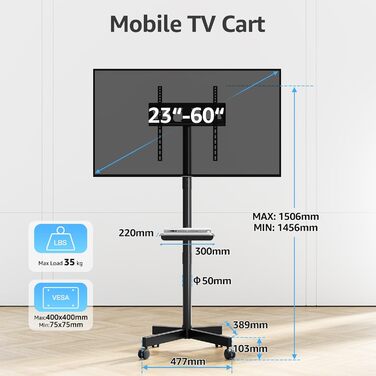 Телевізійна тумба MOUNTUP на колесах для LED/LCD/Plasma телевізорів 23-60 дюймів, до 35 кг, VESA 400x400 мм, з регулюванням висоти та нахилу
