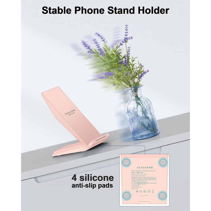 Бездротовий зарядний пристрій NANAMI Qi з адаптером USB-C 20W PD, сумісний з iPhone 17/16/15/14/13/12 Pro Max XR 8 та Samsung Galaxy S25/S24/S23/S22 (рожевий)