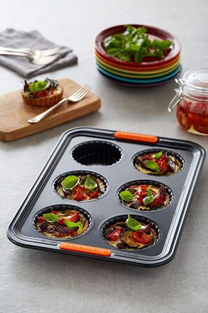 Форма для тарталеток Le Creuset антипригарна, на 6 шт, з вуглецевої сталі, стійка до закваски, антрацит/помаранчева