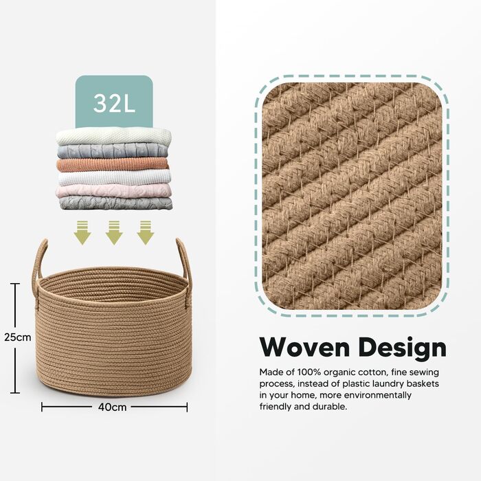 Rieeyrslza Laundry Basket for Blankets 32L Woven Laundry Collector Cotton Rope Basket Foldable Versatile Storage Basket with Handles Suitable for Living Room and Bedroom (Jute)
