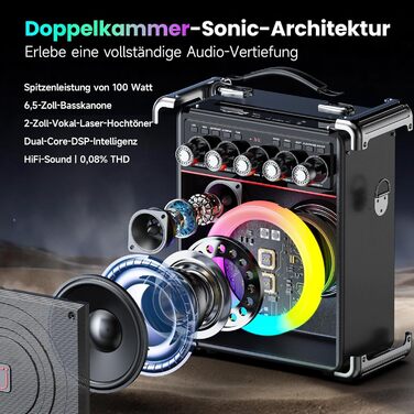 Караоке машина JYX з 2 бездротовими мікрофонами, портативна караоке система з підсвіткою RGB для дорослих та дітей - портативна Bluetooth караоке-бокс з мікрофоном та PA-динаміком, чорний Tx05