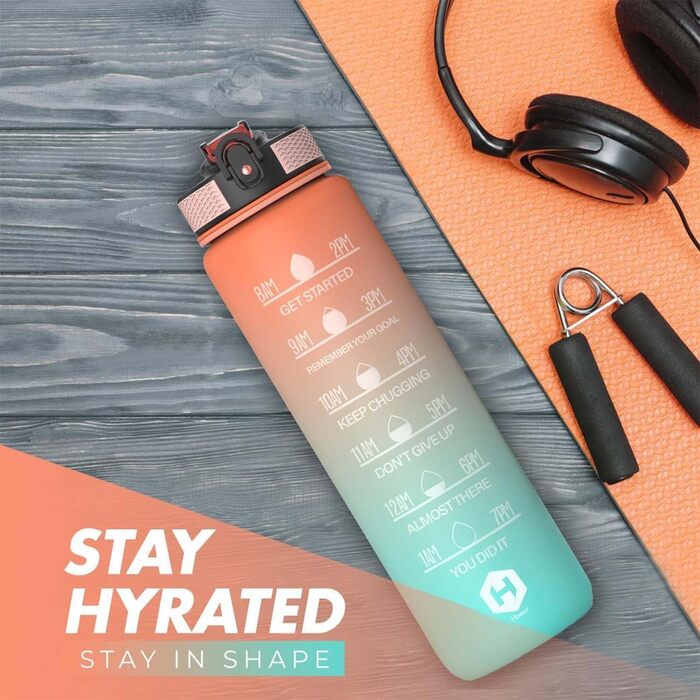 1L Water Bottle - BPA Free Water Bottle with Straw and Time Markers - Water Bottle for Bicycle, Outdoor, School, Running and Gym - Carbonated Drink Suitable (Orange & Light Green with Orange Cap)
