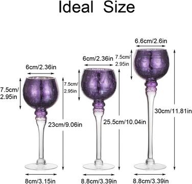 Glass Tealight Holder Set - 3 Pieces Mercury Glass Candle Holders for Table Decoration. Tealight Glasses for Pillar and Floating Candles, Christmas, Living Room Decor (Purple)