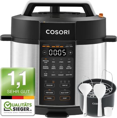 COSORI Pressure Cooker, 9-in-1, Multi-Cooker with 14 Functions, 5.7L Pressure Cooker, Rice Cooker, Steamer, Yogurt Maker, Slow Cooker, and Sous Vide, Saute Pan, Recipe Book, Stainless Steel