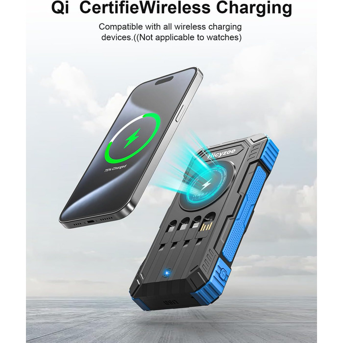 Сонячний павербанк 26800 mAh з 4 кабелями, USB-C, Qi, LED-ліхтарик, для телефонів, планшетів та кемпінгу