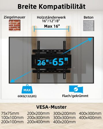 Кріплення для телевізора HOME VISION HV6401: поворотне та нахильне, для телевізорів 26-65 дюймів, універсальне, VESA 400x400, до 60 кг