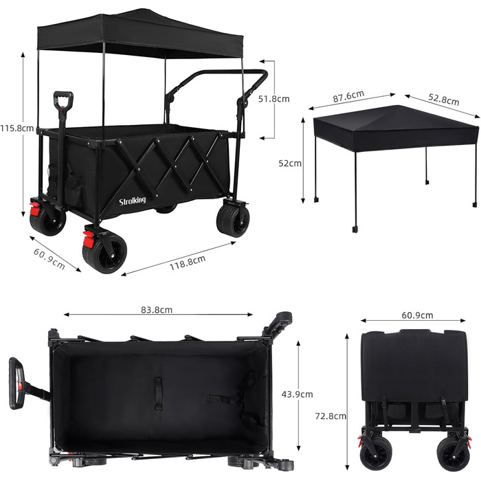 3 в 1 вагончик-тележка складний з гальмами, 150л, 136кг, чорний