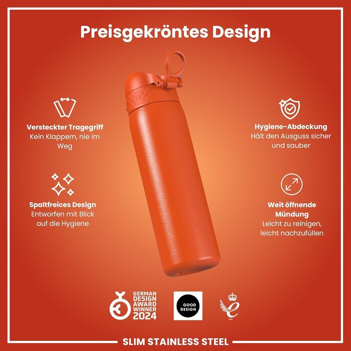 Ion8 Stainless Steel Water Bottle, 600 ml, Leak-Proof, One-Handed Opening, Secure Locking Mechanism, Dishwasher Safe, Flip-Top Lid, Carrying Handle, Easy to Clean, Durable & Scratch-Resistant (Stainless Steel, Orange)