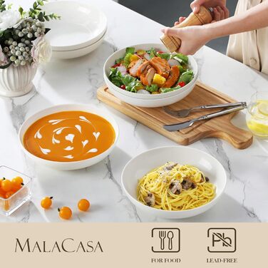 Набір посуду MALACASA, 6 предметів: тарілки для пасти, супу, салату, сервірування. Білий порцелан, 1250 мл