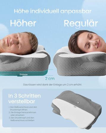 Подушка SONGMICS ергономічна з Memory Foam для сну (біла/сіра), регульована висота, для бокового, спинного та переднього положення