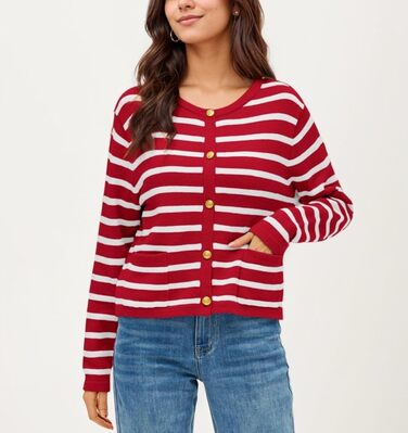 Жакет жіночий короткий з 2 кишенями на ґудзиках, смугастий пуловер, стильний осінній кардиган з круглим вирізом, модний в'язаний пуловер (S, Червоний)