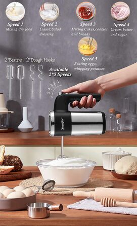 Ручний міксер Sonifer 500W з нержавіючої сталі, 5 швидкостей + турбо, знімні насадки, миється в посудомийній машині