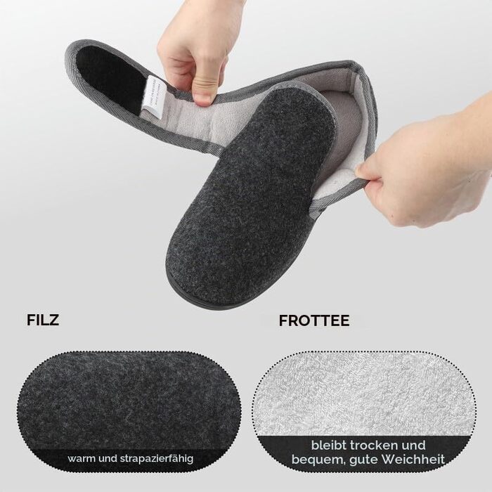 Чоловічі теплі домашні капці TIESTRA з ефектом пам'яті Memory Foam, флісові тапочки для літніх людей з широкою колодкою та застібкою-липучкою, чорні (42 EU)