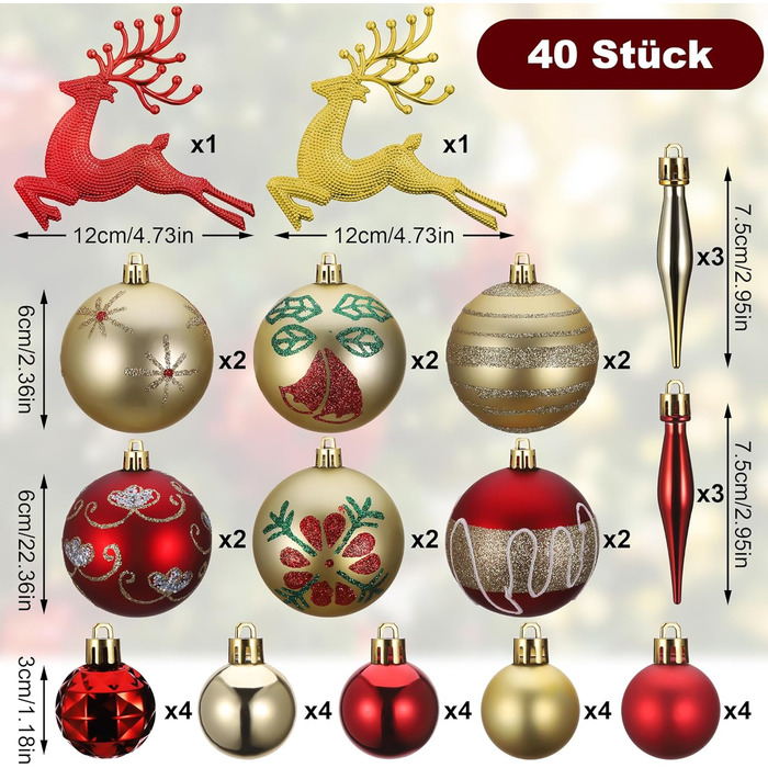 Набір прикрас для ялинки Kssvzz 40 шт. Червоні та золоті кульки з пластику, з гачками, блискучі та матові, для ялинки