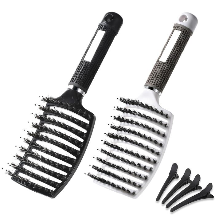 Щітка для волосся Lictin з щетиною дикого кабана (2 шт.) - для жінок, чоловіків та дітей. Розгладжує, не тягне, підходить для кучерявого та довгого волосся. Антистатична, з 4 зажимами. Чорний+Білий