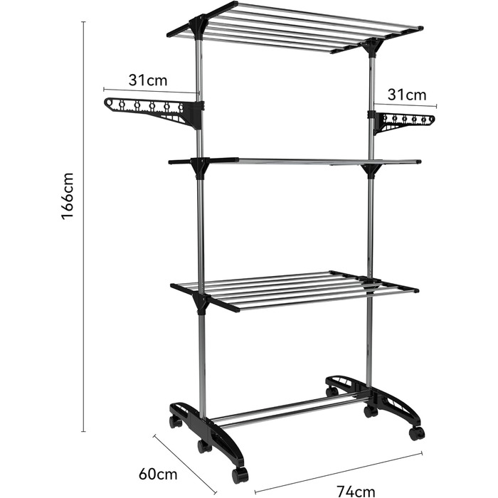 Сушарка для білизни Hyfive для дому - 4 яруси, складана, економна, з полицею для взуття, нержавіюча сталь, легке зберігання - чорна