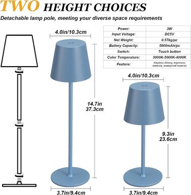 Набір з 2-х бездротових настільних LED світильників з акумулятором, сенсорне регулювання яскравості, 3 режими кольору, USB-C зарядка для спальні, обіднього столу, кемпінгу (Чорний)