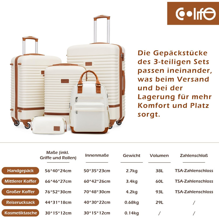 COOLIFE Luggage Suitcase Rolling Suitcase Travel Suitcase made of ABS Hard Shell, 4-Wheel Spinner with TSA Lock. The suitcase includes 1 Travel Backpack and 1 Toiletry Bag (White/Brown, Large 3-Piece Suitcase Set)