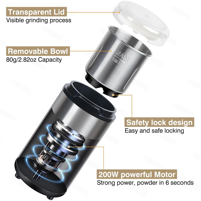 Електрична кавомолка Suewow: потужний 200W мотор, для кави, спецій, горіхів. Багатофункціональна, велика ємність (срібна)