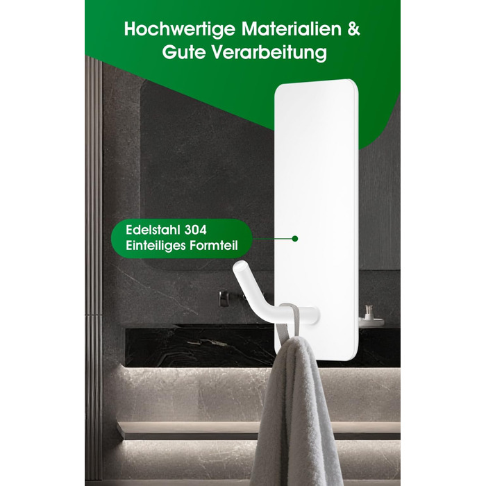 Набір тримачів для рушників без свердління, 10 шт., гачки самоклеючі з нержавіючої сталі 304, надміцні, для великих предметів, настінні гачки для ванної, туалету та кухні, стійкі до корозії, рушкові гачки (довші)