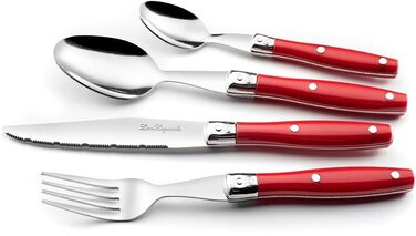 Набір столових приборів Lou Laguiole для стейків (24 шт.) | Набір столових приборів для 6 осіб | Червоний | Нержавіюча сталь | З хвилястим лезом