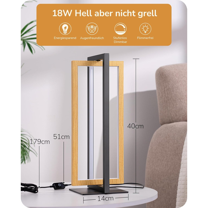 LED настільна лампа EDISHINE з дерева, торкання, димування, пам'ять, 3 кольори, 350 люмен, для вітальні, офісу, подарунок, сучасний стиль