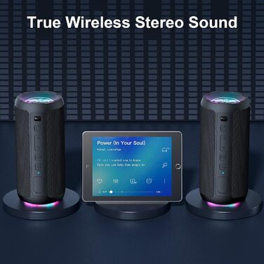 Портативна Bluetooth колонка Ortizan з підсвічуванням, IPX7 водонепроникність, подвійний бас, 30 годин роботи, функція гучного зв'язку, чорна