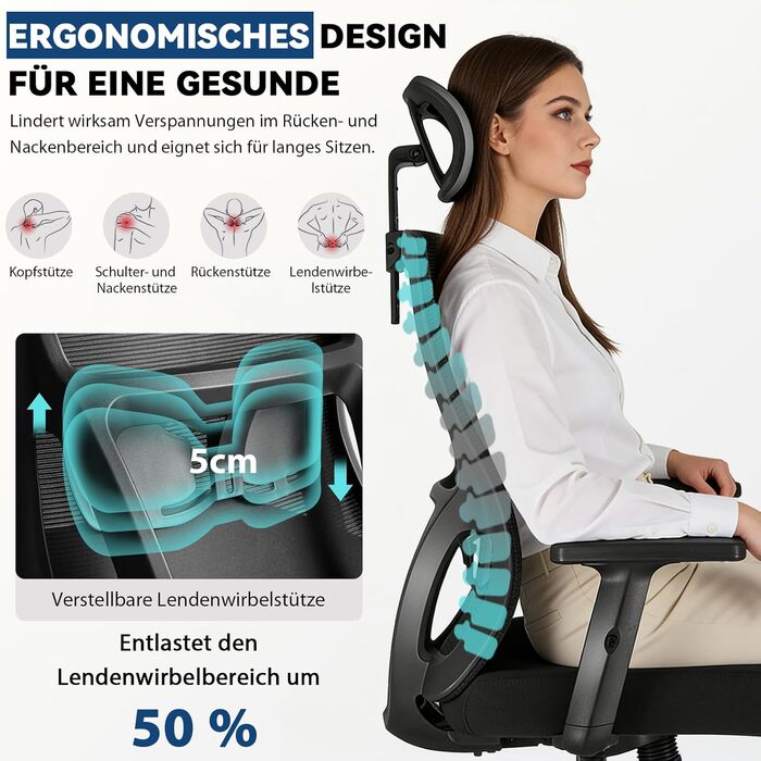 Ергономічне офісне крісло з регульованою спинкою та підголівником, до 150 кг, чорне X-Large