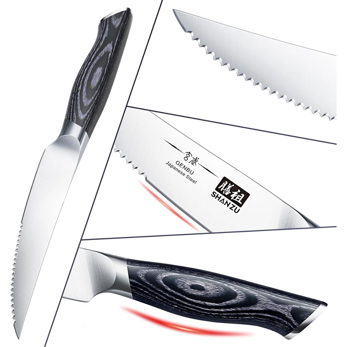Набір ножів SHAN ZU 16 предметів з блоком: Японський набір кухонних ножів з нержавіючої сталі, серія Genbu, ергономічні ручки, чорний черепаховий колір, включає набір стейк-ножів