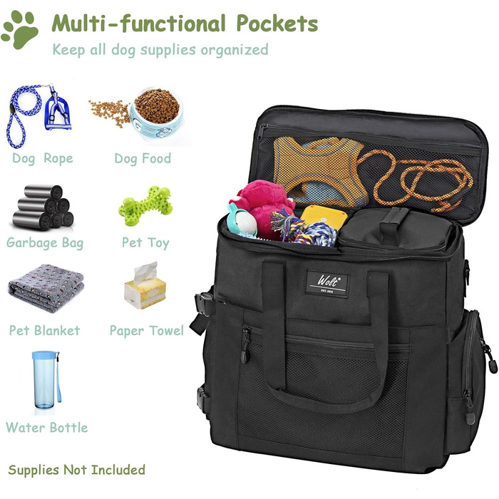 Сумка для собак Wolt: переносна сумка для подорожей з набором мисок та контейнерами (чорна)