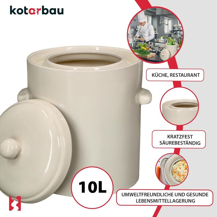KOTARBAU Керамічний бочонок для квашення 10 л, білий – глиняний горщик з кришкою для квашеної капусти, огірків, кімчі, ферментації, кам'яна кераміка