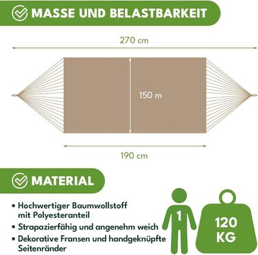 Гамак KRUMAD 260 см, до 250 кг, вологостійкий, бавовна-поліестер, для саду, балкону, кемпінгу, з дерев'яними розпірками та сумкою (Бежевий, 150x200 см)