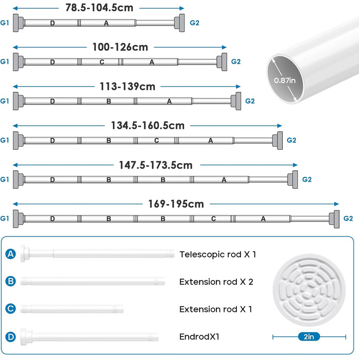 Телескопічна штанга для карнизів та душової кабіни без свердління, 79-195 см (біла)