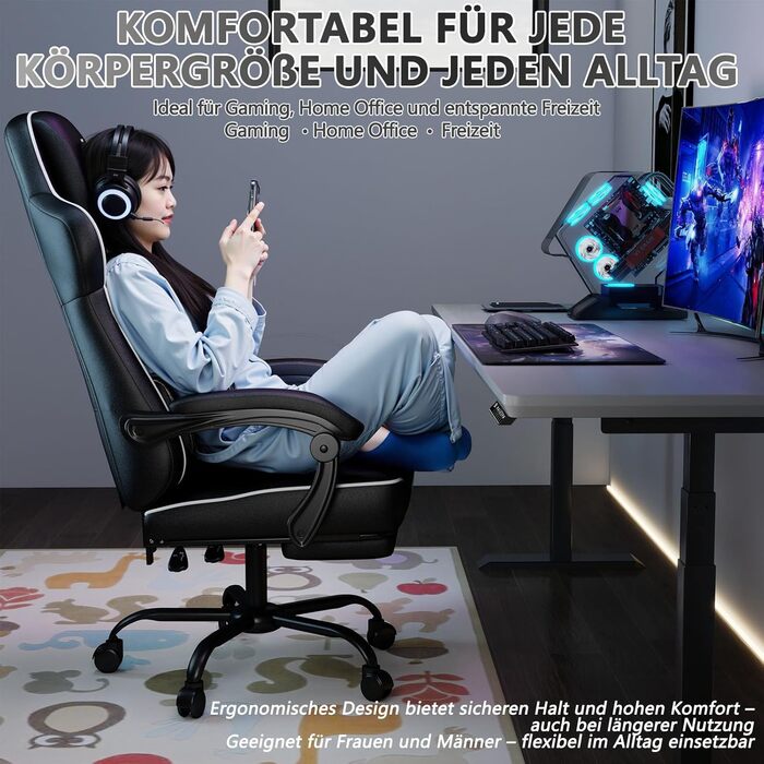 Геймерське крісло Ergonoma з підставкою для ніг, регульоване по висоті, біле - до 150 кг