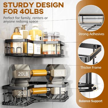 MAXIFFE Дзеркальна поличка для душу з 8 гачками, набір 3 шт, самоклеюча, чорна