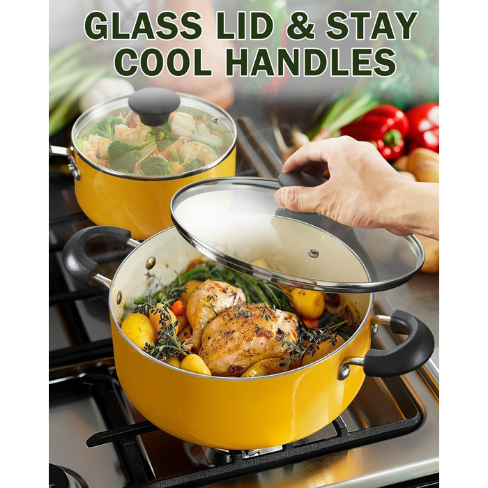 Набір каструль та сковорідок Cook N Home Antihaft, 10 шт. з керамічним покриттям, жовтий