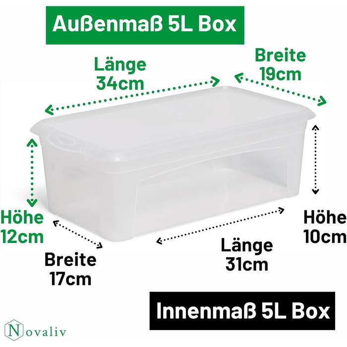 6 Storage Boxes with Lid 5L Transparent Boxes Stackable Nestable Storage boxes with Clip Closure BPA-free Plastic 34x19x11 cm