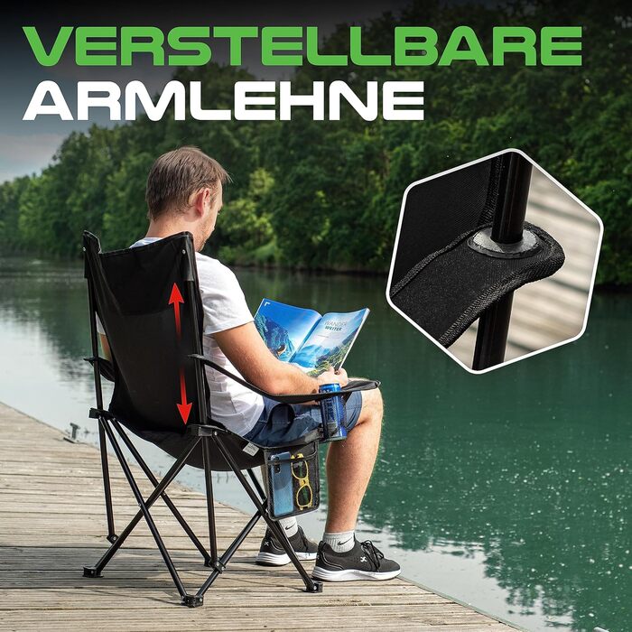 Крісло для кемпінгу MOUNTREX складне (до 120 кг) - регульовані підлокітники, для риболовлі, пляжного відпочинку, компактне та легке, з підстаканником та сумкою, чорне