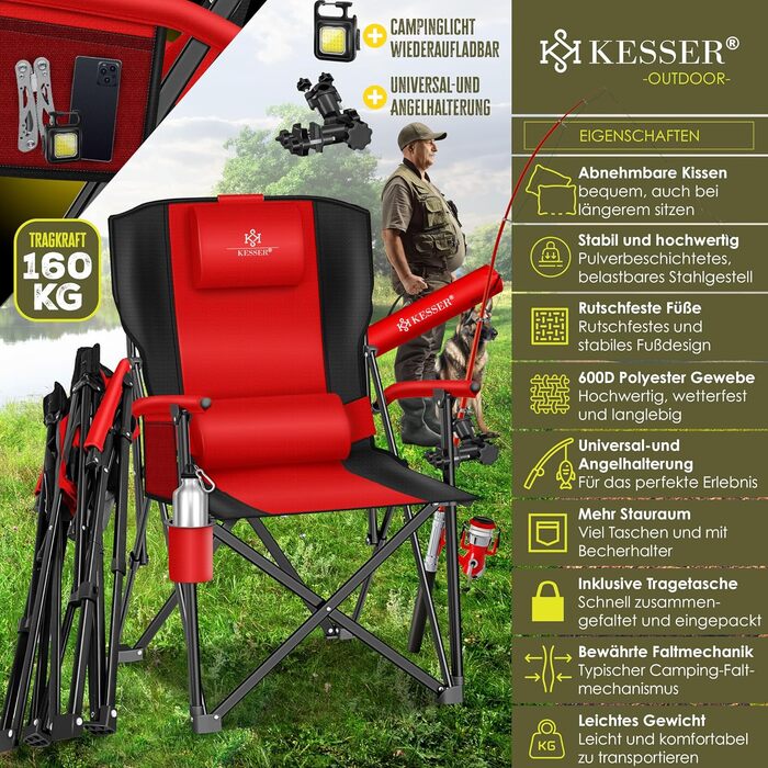 Крісло для кемпінгу KESSER® з високою спинкою, 160 кг, з підлокітниками, тримачем для напоїв та світлом | Стільці для риболовлі, відпочинку на пляжі