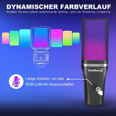 Zealsound USB Мікрофон для ПК та телефону – RGB, з регулюванням гучності, поп-фільтром, тримачем, та 2 адаптерами для подкастів, стрімінгу, Discord, YouTube, TikTok A68