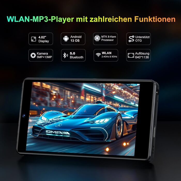 MP3 плеєр 96GB з Bluetooth, WiFi, Android 13, камерою та гучномовцем. Плеєр MP4 для Spotify, Kids, Audible, Amazon Music, Play Store - Чорний