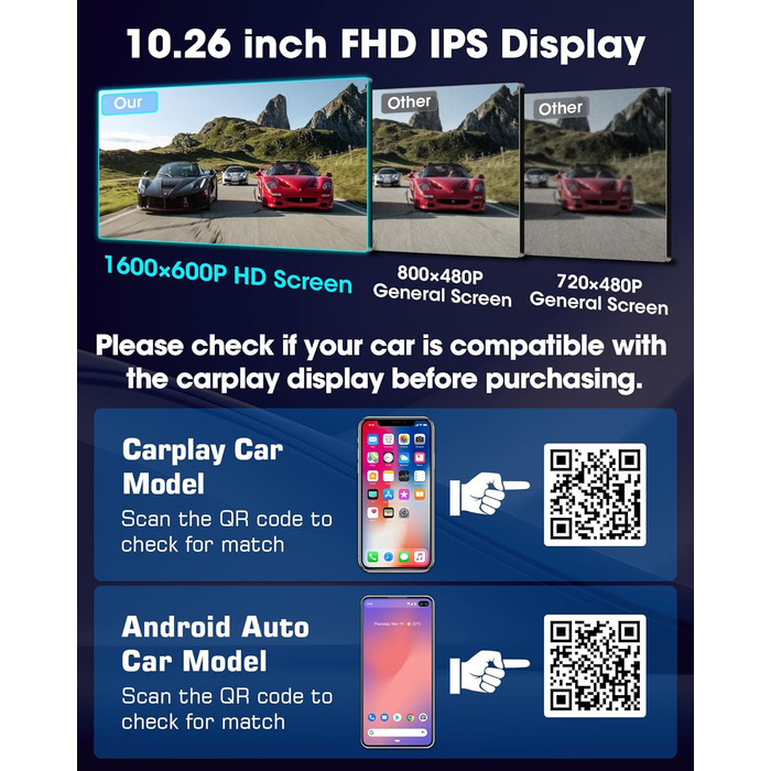 Автомобільний дисплей 10,26'' CarPlay/Android Auto з сенсорним екраном, підставкою, камерою заднього виду, GPS-навігацією, підтримкою Siri/Google для авто 2025, Buddy Display