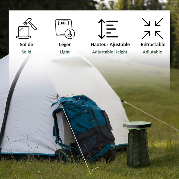 Стілець-телескоп складний Fishtec, регульована висота 6-44,5 см, ABS-пластик, вантажопідйомність 130 кг, портативний 1,28 кг, Ø25,5 см, з плечовим ременем, для кемпінгу, риболовлі, пікніка, чорно-зелений