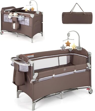 DREAMADE 4-in-1 Travel Bed with Mattress, 120 x 60cm Crib/Bouncer with Wheels, Folding Baby Bed as Changing Table & Playard, Baby Travel Bed from Birth (Gray)