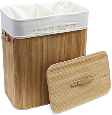 Wiltec Laundry Box 105 L Natural Laundry Basket with Lid made of Bamboo, Foldable Laundry Box with Linen Bag and 2 Compartments for Sorting Dirty Laundry