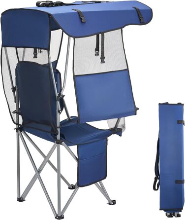 Складний стілець VEVOR для кемпінгу, риболовлі та пікніків, 150 кг, з парасолькою, підсклянниками та кишенею для журналів, темно-синій