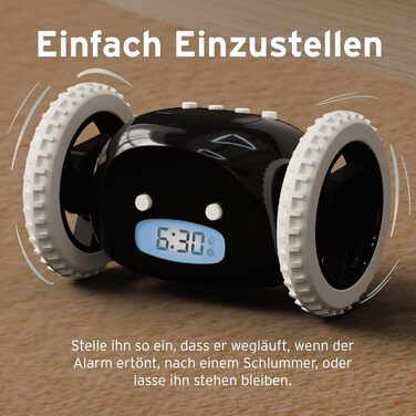 Clocky Loud Alarm Clock - Digital Alarm Clock, Loud for Deep Sleepers, Adults, Teens, Funny, Hard of Hearing, Heavy Sleepers, on Wheels, Runs Away, Driving, Jumping, Rolling Away, Funny Gift (Schwartz)