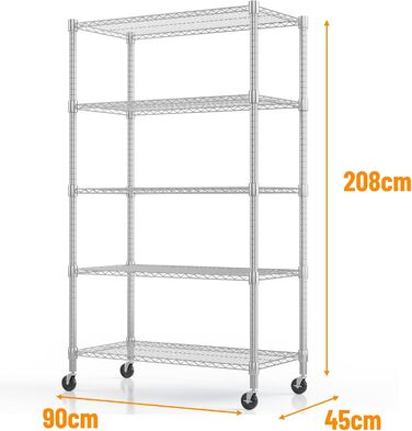 Himimi 5-Tier Rolling Wire Shelving Unit with Adjustable Height and Leveling Feet
